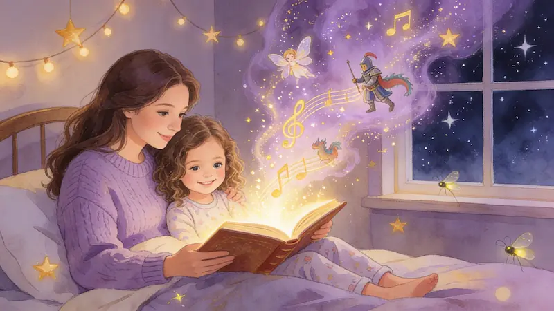 Mother and daughter reading a glowing storybook in bed while the audiobook plays