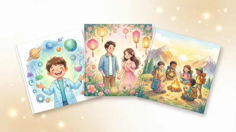 Three storybook covers for different ages: a child scientist, a young couple and teenagers