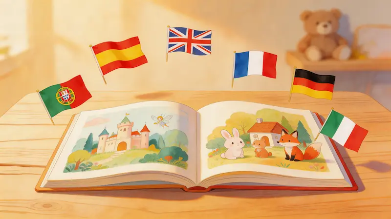 Open illustrated storybook surrounded by flags of Spain, the UK, France, Portugal and Germany