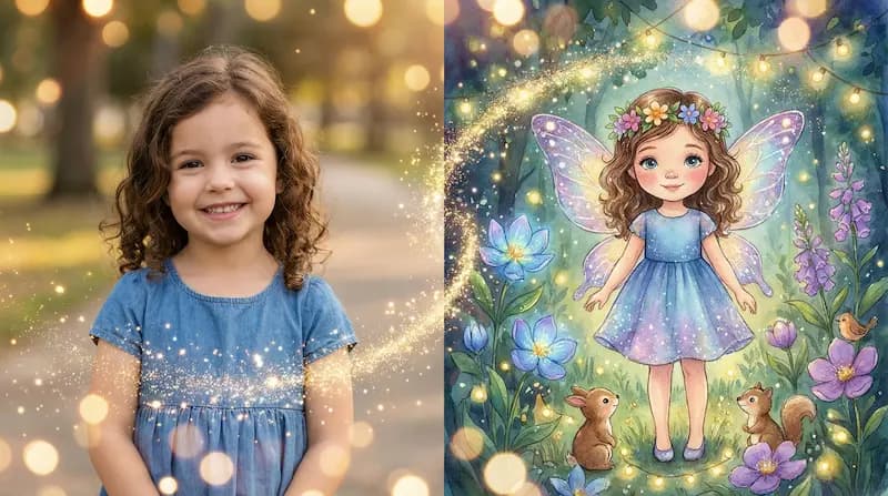 Real photo of a girl next to her illustrated fairy version, in watercolour, in a forest of flowers