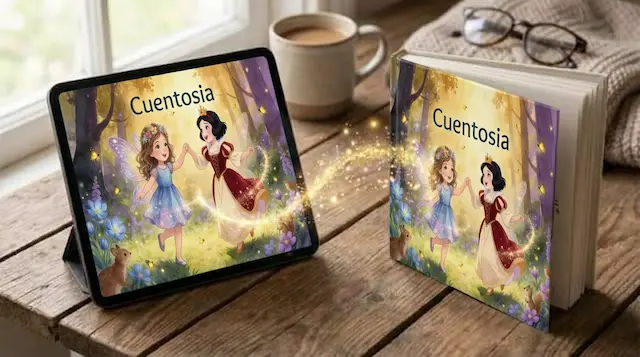 Personalized storybook on a tablet next to the same hardcover printed book on a table