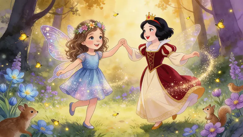 Girl illustrated as a fairy dancing hand in hand with Snow White in an enchanted forest
